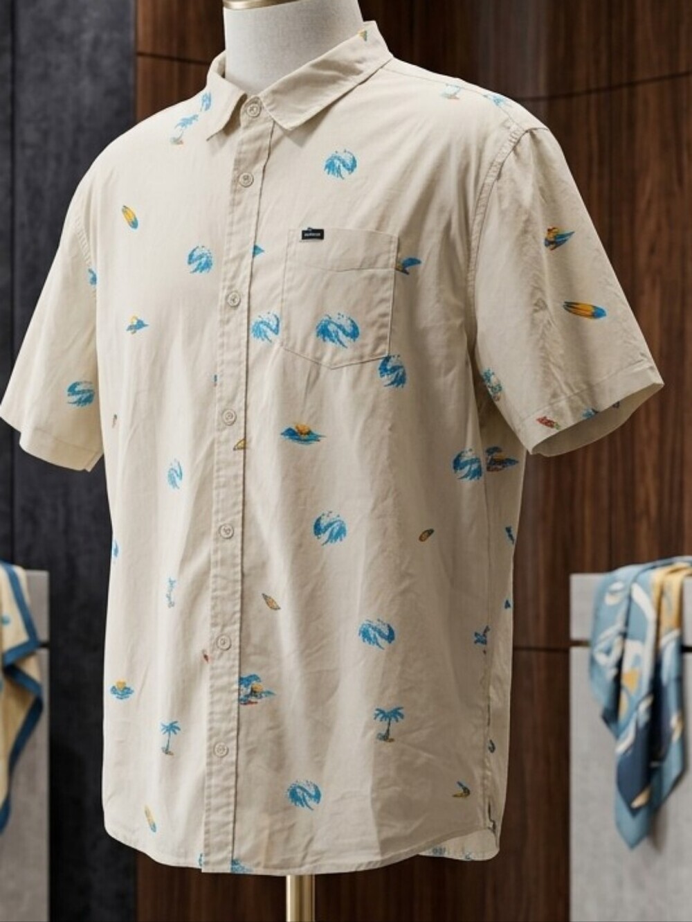977 O'Neill Men's Quiver Stretch Short Sleeve Button Down Shirt - Cream XXL